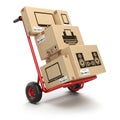 Sale and delivery of computer technics concept. Hand truck and c Royalty Free Stock Photo