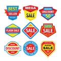 Sale design badges set. Discount clearance tag banner. Special offer sticker collection. Promotion market emblem. Vector illustrat