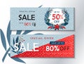 Sale Offer Coupons set. Merry Christmas Happy New Year 2024 Decoration Christmas berry plant ribbon wreath sales scrapbook Royalty Free Stock Photo