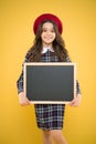 Sale and discount. Child promo information board. Place for information. Girl hold blank blackboard chalkboard. Tourist Royalty Free Stock Photo