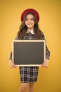 Sale and discount. Child promo information board. Place for information. Girl hold blank blackboard chalkboard. Tourist Royalty Free Stock Photo