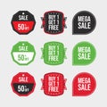Sale discount coupon vector. Sale 50% off badge with green, black, and red color. Buy one get one free. Mega sale badge set. Green Royalty Free Stock Photo