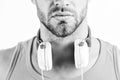 Sale discount. Enjoy perfect music sound headphones. Man listening music headphones white background. Modern technology Royalty Free Stock Photo
