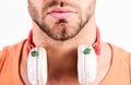 Sale discount. Enjoy perfect music sound headphones. Man listening music headphones white background. Music taste Royalty Free Stock Photo