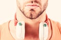 Sale discount. Enjoy perfect music sound headphones. Man listening music headphones white background. Music taste Royalty Free Stock Photo