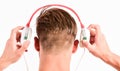 Sale discount. Man listening music headphones white background. Modern technology. Music taste concept. Enjoy perfect Royalty Free Stock Photo
