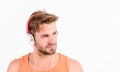 Sale discount. Music fan concept. Man guy listening music headphones white background. Modern technology. Buy music Royalty Free Stock Photo