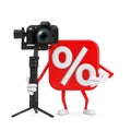 Sale or Discount Percent Sign Person Character Mascot with DSLR or Video Camera Gimbal Stabilization Tripod System. 3d Rendering