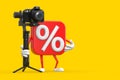 Sale or Discount Percent Sign Person Character Mascot with DSLR or Video Camera Gimbal Stabilization Tripod System. 3d Rendering