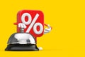 Sale or Discount Percent Sign Person Character Mascot with Hotel Service Bell Call. 3d Rendering Royalty Free Stock Photo