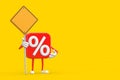 Sale or Discount Percent Sign Person Character Mascot and Yellow Road Sign with Free Space for Yours Design. 3d Rendering Royalty Free Stock Photo