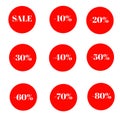 Sale, discount, percentage stickers colorful circle and white letters icon 3d background brand and productions advertising