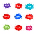 Sale, discount, percentage stickers colorful star and white letters icon 3d background brand and productions advertising