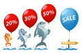 Sale and discount percentages. Funny goldfish, shark and dolphin holding balloons