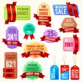 Sale and discount price tags, ribbon banners with promo text. Promotion badges vector set Royalty Free Stock Photo