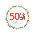 50% sale discount sign with colour confetti.