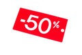 50% sale discount tag label red offer price isolated white background