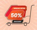 Sale discount tag label on shopping trolly shape illustration for business promotional banner