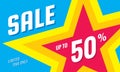 Sale discount up to 50% off - concept horizontal banner vector illustration. Limited time only abstract layout with star shape.
