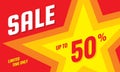 Sale discount up to 50% off - concept horizontal banner vector illustration. Limited time only abstract layout with star shape.