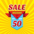 Sale discount up to 50% - vector banner concept illustration. Just now! Abstract advertising promotion creative badge layout.