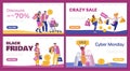 Sale and discount web banners set with happy buyers, flat vector illustration.