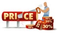 Sale And Discounts Concept of low price and discount. Man is sawing from price different value of percents