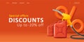 Sale discpunt web banner with 3d tender illustration of big percent symbol with oil cans and gas gun, for gass station