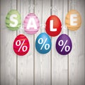 Sale Easter Eggs Ribbon Wooden Wall Royalty Free Stock Photo