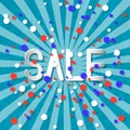 Sale. Event concept. Style pop art, paper art. Rays from the center, circles confetti with shadows