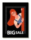 Sale at everything, pretty smiling girl with glasses peep out from wall, promotional banner
