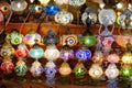 Sale of exotic Mosaic Ottoman lamps in Grand Bazaar in Istanbul, Turkey. Shopping. Gifts and souvenirs from travels