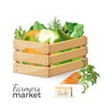 Sale at farmers market promo poster with vegetables in wooden box