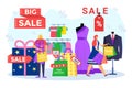 Sale, final discount for happy people, vector illustration, flat tiny man woman character buy clothes in retail store