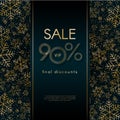 Sale 90% final discounts VIP offer Christmas New Year luxury banner with pattern of gold luxury snowflakes glitter Blue festive Royalty Free Stock Photo