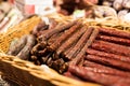 Smoked meat products at market or butcher shop Royalty Free Stock Photo