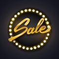 Sale golden text on shiny round banner, advertising, black friday, vector illustration Royalty Free Stock Photo