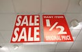 Sale half price shop signs Royalty Free Stock Photo