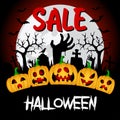 Sale Halloween background with funny pumpkins and hands zombie at the cemetery