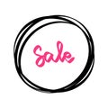 Sale. Black round frame. Handdrawn sign on white background with black bubble. Red text for stores fashion shops shopping centres.