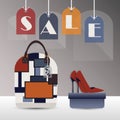 SALE hanging tags with fashionable women purse and high heels Royalty Free Stock Photo