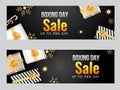 Sale header or banner design with top view of gift boxes, snowflake, star and 75% discount offer for Boxing Day Royalty Free Stock Photo