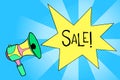 Sale illustration with megaphone. Blue and yellow sale banner template with text place.