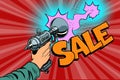 Sale inscription Science fiction shot of a Blaster comic cloud