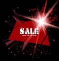 Sale inscription vector template. Red rectangular banner with explosion