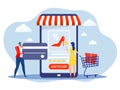 Sale at internet shop, buyer with purchases in cart flat vector illustration. Online shopping, retail concept Flat design Online Royalty Free Stock Photo