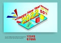 Happy New year 2022, big sale web banner template with phone isomatric flat theme design. Vector illustration Royalty Free Stock Photo