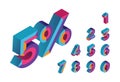 5% sale. 0, 1, 2, 3, 4, 5, 6, 7, 8, 9 isometric 3D numeral alphabet. Percent off, sale background.