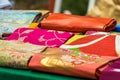 Sale of kimono belts in the local market in Kyoto, Japan. Close-up. Royalty Free Stock Photo