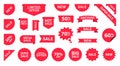 Sale Label collection set. Sale tags. Discount red ribbons, banners and icons. Shopping Tags. Sale icons. Red isolated on white Royalty Free Stock Photo